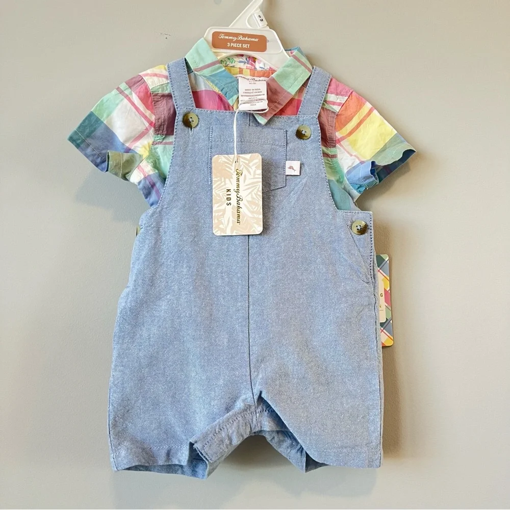 Tommy Bahama Kids 3 Piece Set Size 3-6M Plaid Shirt Romper Chambray Overalls Hat